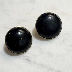 Vintage Gold Tone & Black Lucite Button Trifari Clip On Earrings